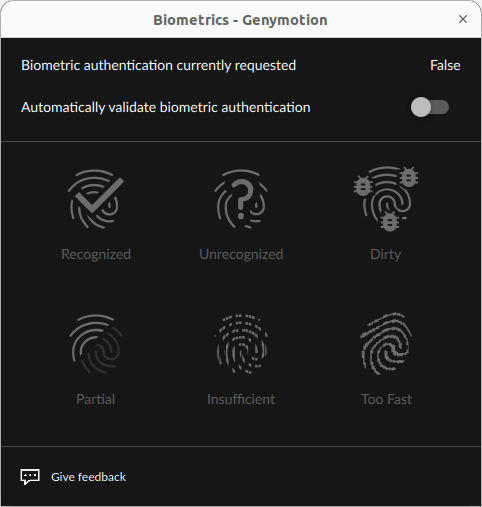 Biometrics authentication widget windows with disabled status.